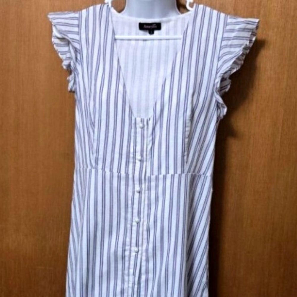 Amaryllis White Blue Stripe Ruffle Sleeve Button Front Midi Dress Womens Size L